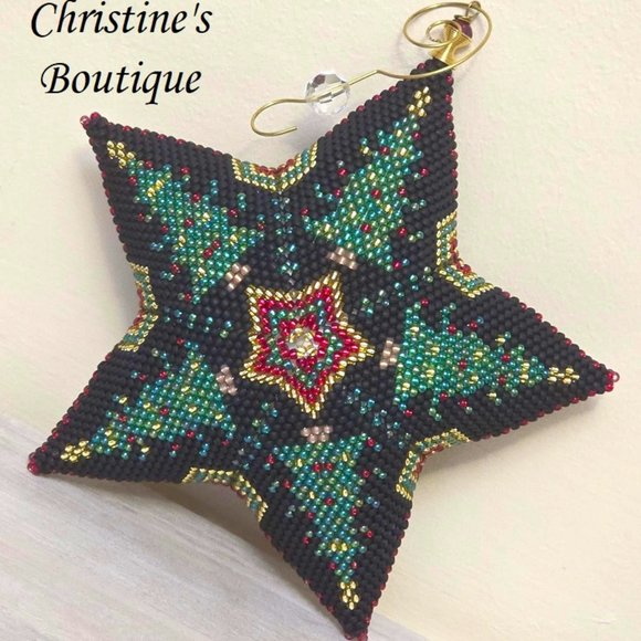 Handmade Beaded Star, Miyuki Glass Beading Star Ornament, Evergreen Christmas - Picture 2 of 3